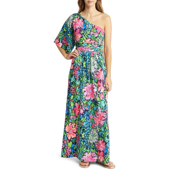 Lilly Pulitzer Niki Dress Size Medium One Shoulder Maxi Multi Festive Fantasy - Picture 1 of 16